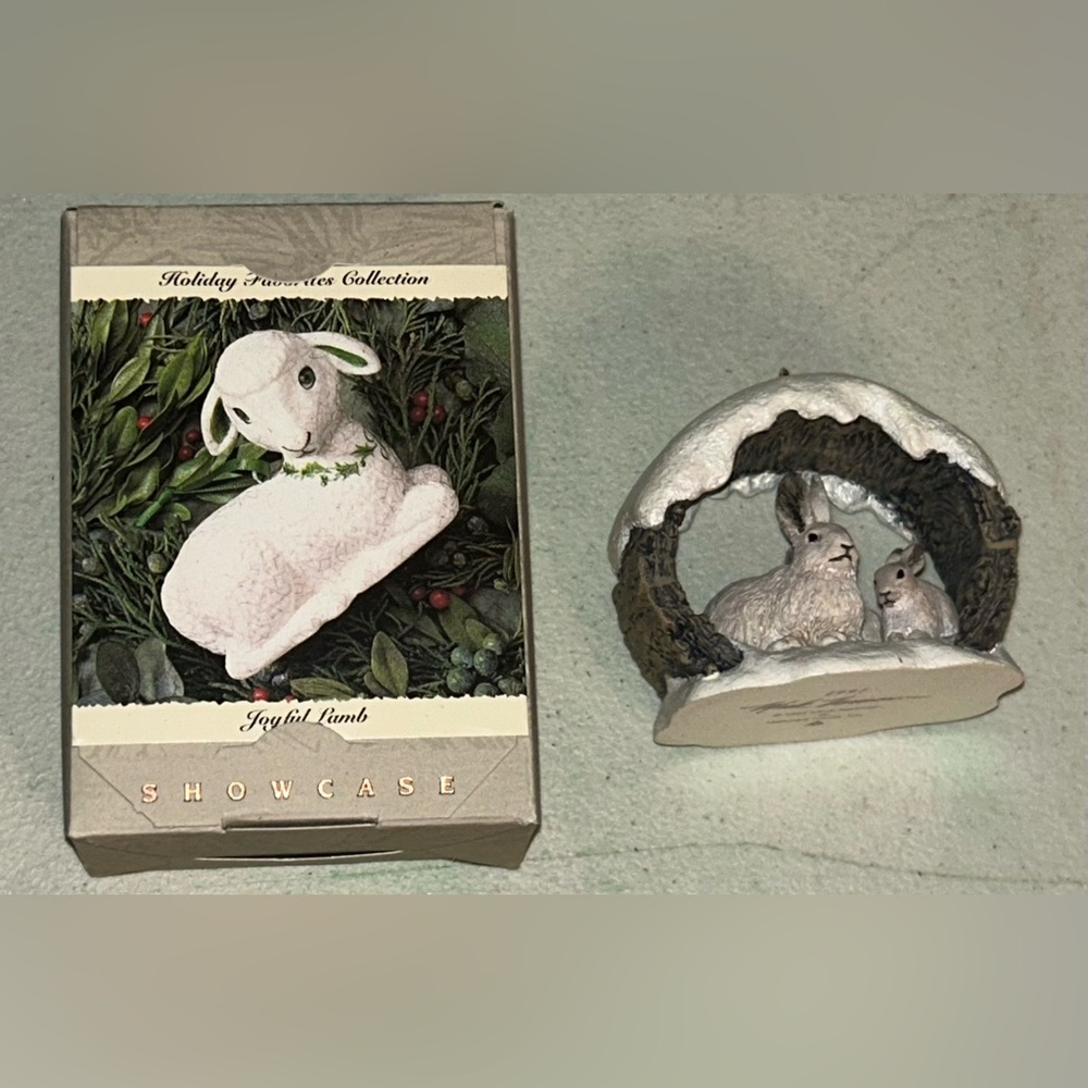 2 Hallmark Keepsake Ornaments 1994 Joyful Lamb & 1997 Snowshoe Rabbits In Winter